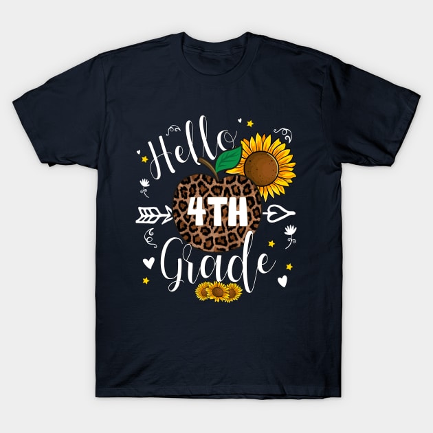 4th Grade Back To School Leopard Print Sunflower Teacher Apple T-Shirt by LisaLiza